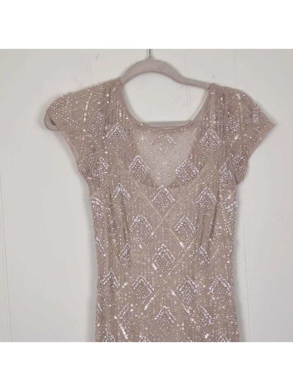 Aidan Mattox Cream Nude Beaded Illusion Gown